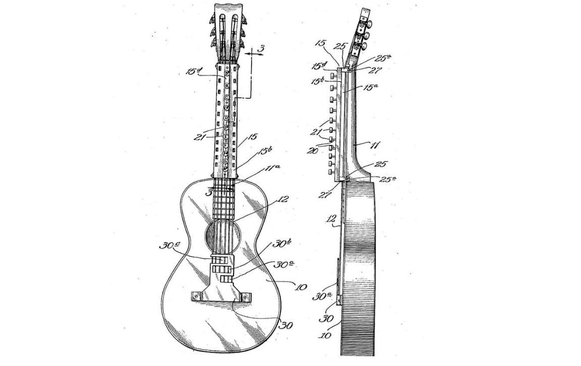 Patent-style technical drawing of a stringed instrument